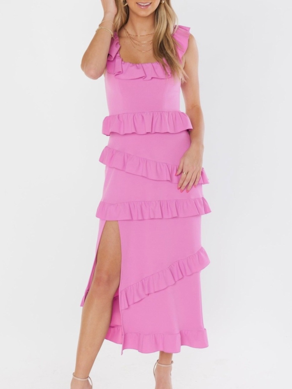 Show Me Your Mumu Pink Ruffle Midi Dress